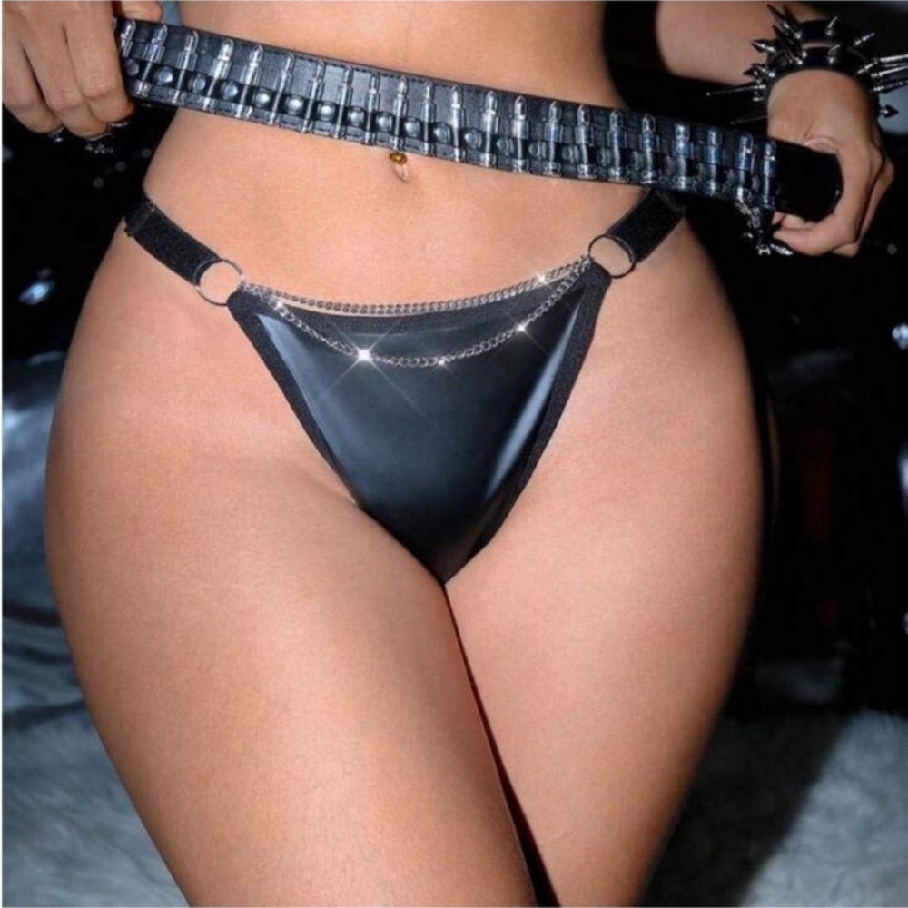 Black Chain Detail faux leather thong panty
